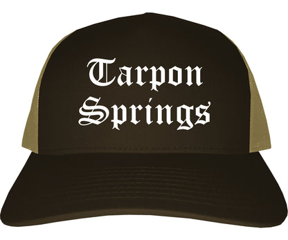 Tarpon Springs Florida FL Old English Mens Trucker Hat Cap Brown