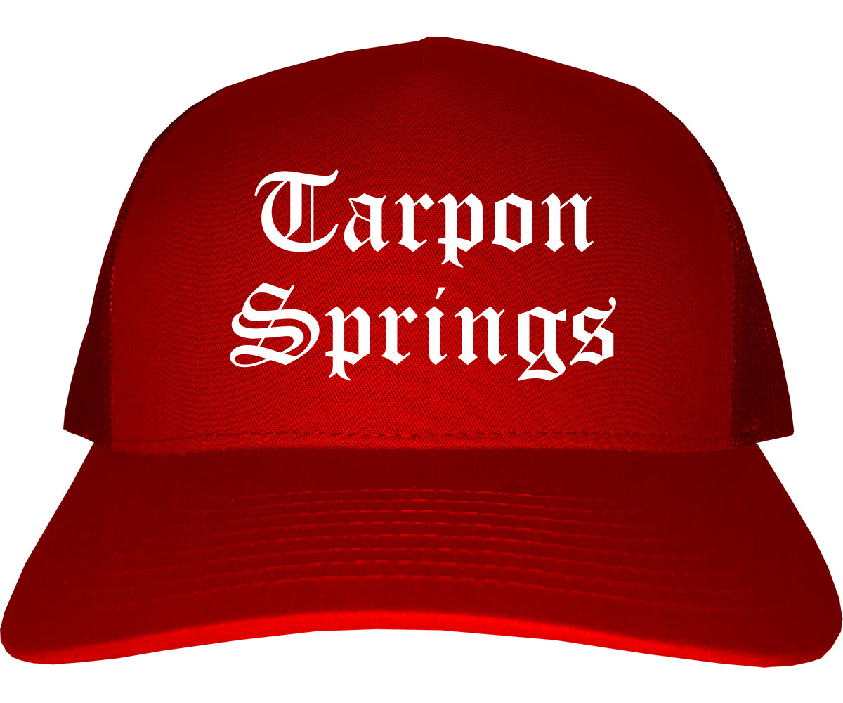 Tarpon Springs Florida FL Old English Mens Trucker Hat Cap Red