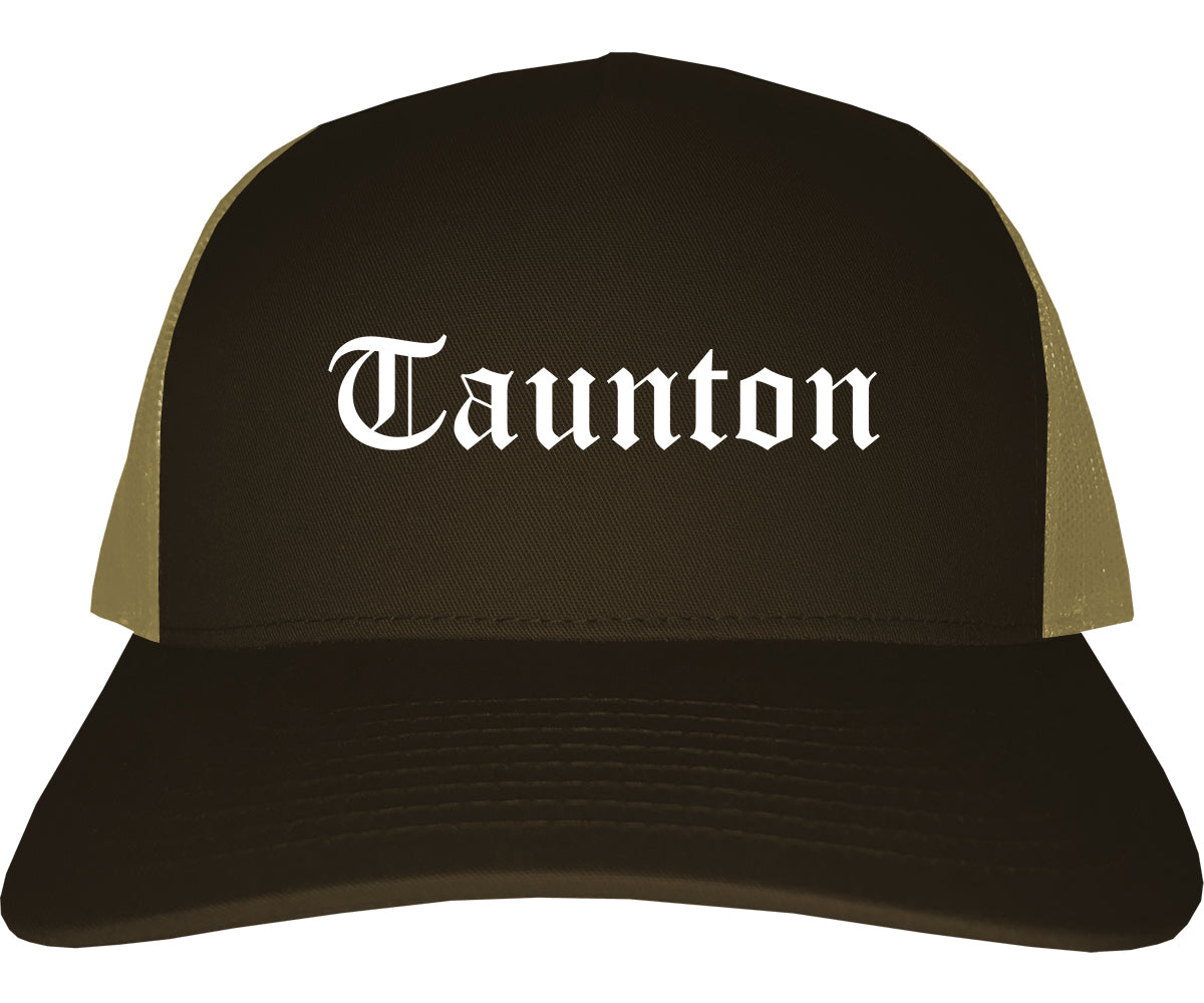 Taunton Massachusetts MA Old English Mens Trucker Hat Cap Brown