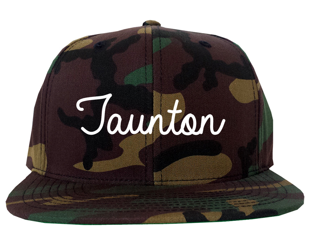 Taunton Massachusetts MA Script Mens Snapback Hat Army Camo