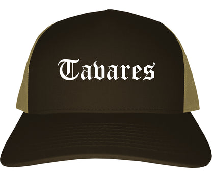 Tavares Florida FL Old English Mens Trucker Hat Cap Brown