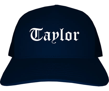 Taylor Michigan MI Old English Mens Trucker Hat Cap Navy Blue
