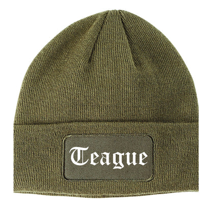 Teague Texas TX Old English Mens Knit Beanie Hat Cap Olive Green