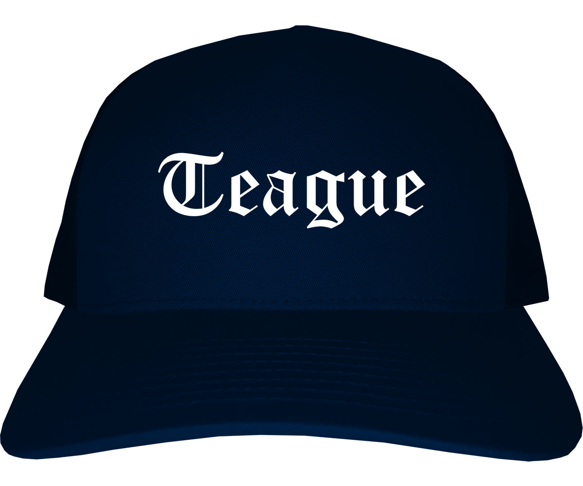 Teague Texas TX Old English Mens Trucker Hat Cap Navy Blue