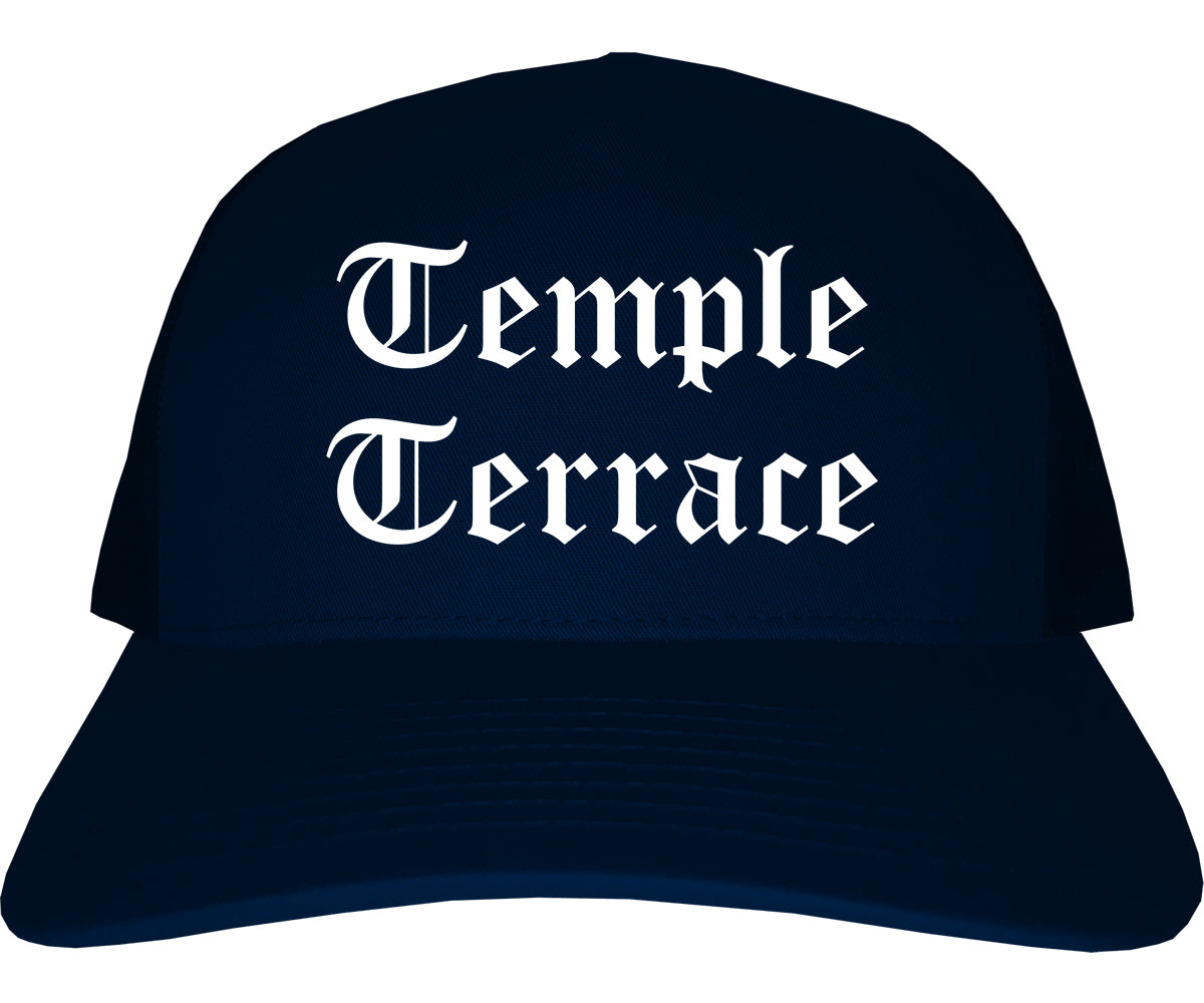 Temple Terrace Florida FL Old English Mens Trucker Hat Cap Navy Blue