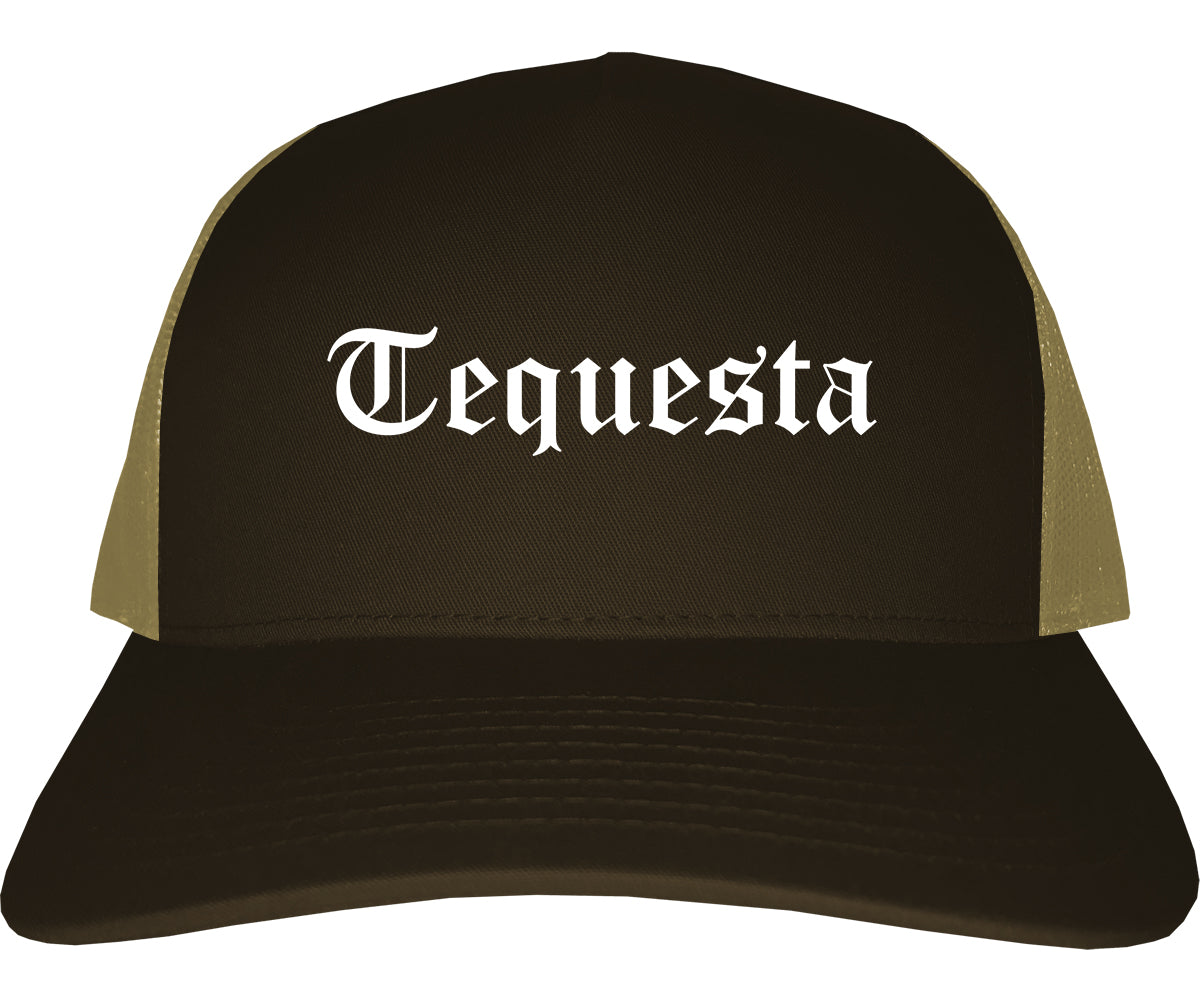 Tequesta Florida FL Old English Mens Trucker Hat Cap Brown