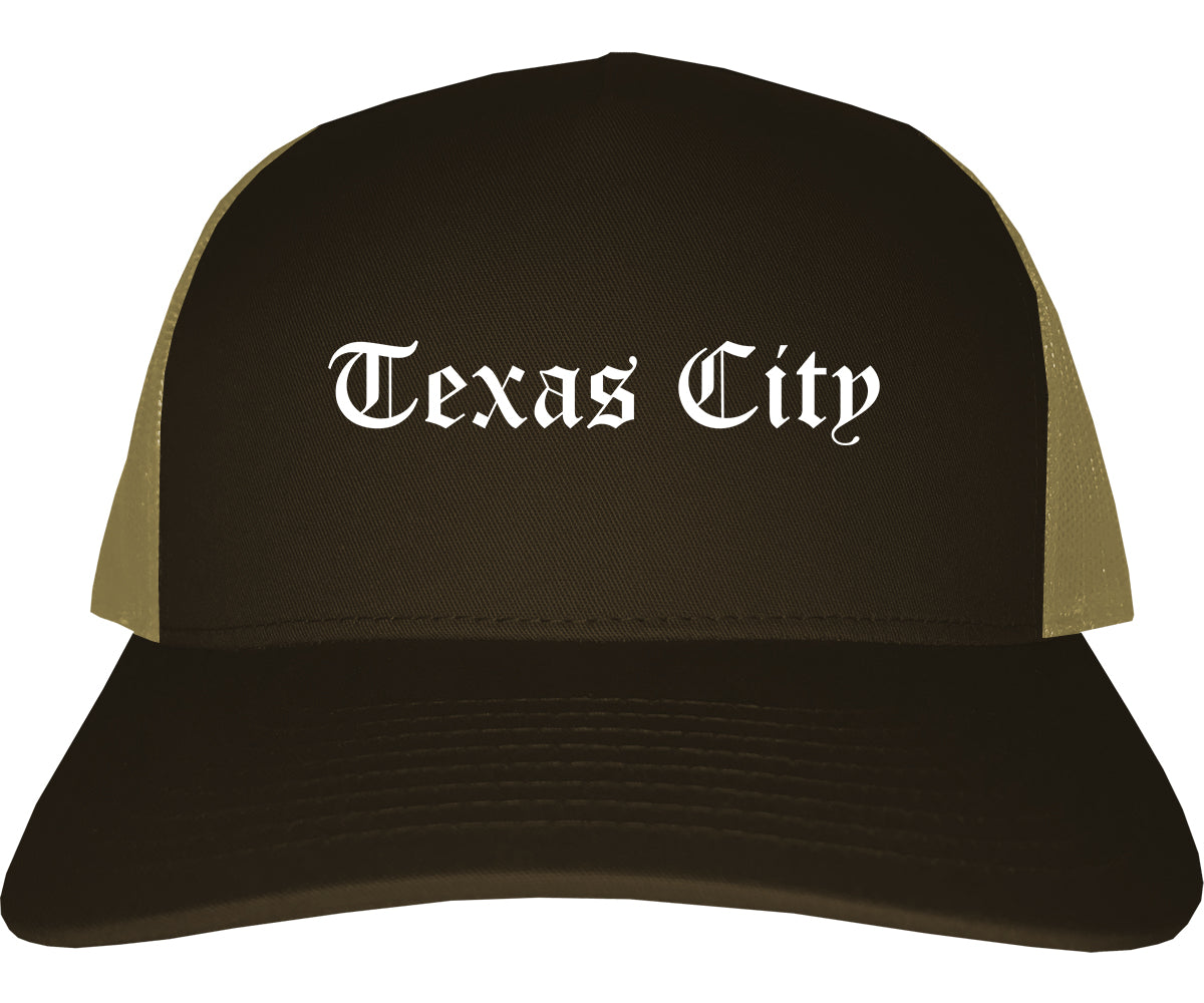 Texas City Texas TX Old English Mens Trucker Hat Cap Brown