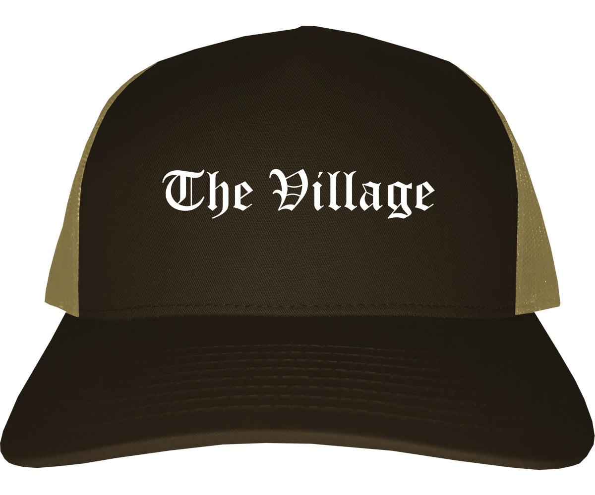 The Village Oklahoma OK Old English Mens Trucker Hat Cap Brown