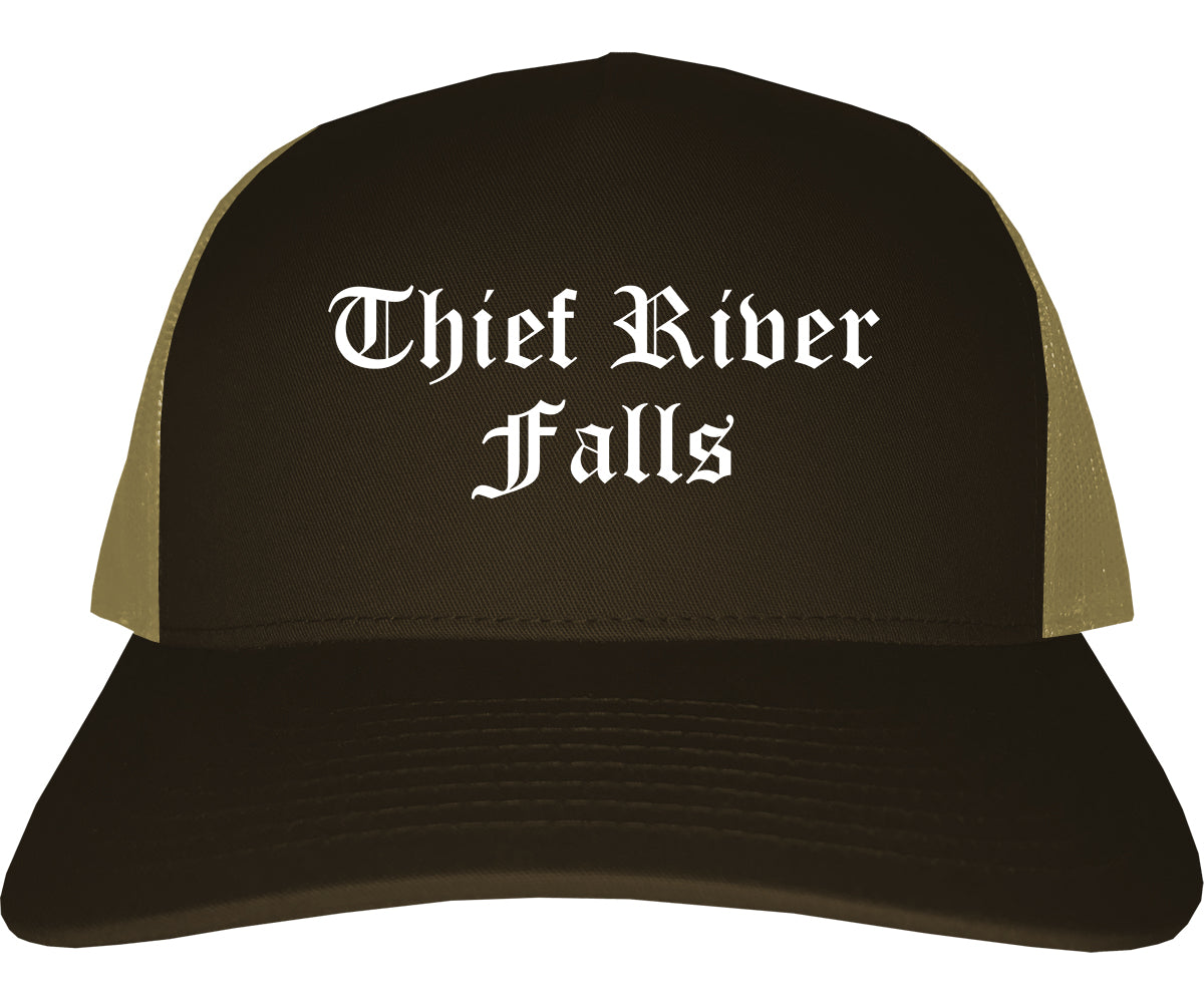 Thief River Falls Minnesota MN Old English Mens Trucker Hat Cap Brown