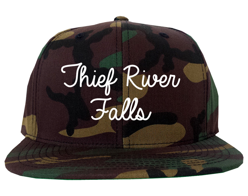 Thief River Falls Minnesota MN Script Mens Snapback Hat Army Camo