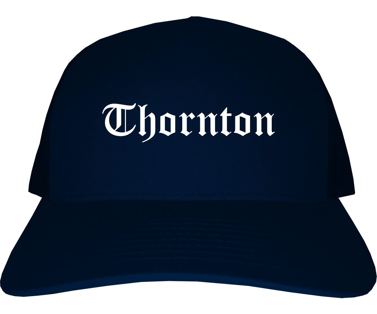 Thornton Colorado CO Old English Mens Trucker Hat Cap Navy Blue