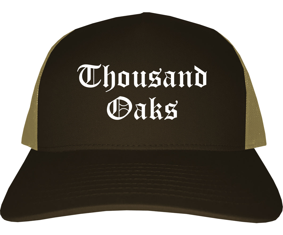 Thousand Oaks California CA Old English Mens Trucker Hat Cap Brown