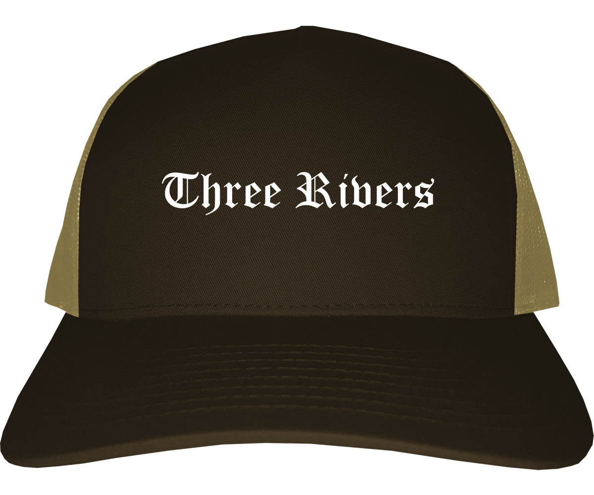 Three Rivers Michigan MI Old English Mens Trucker Hat Cap Brown