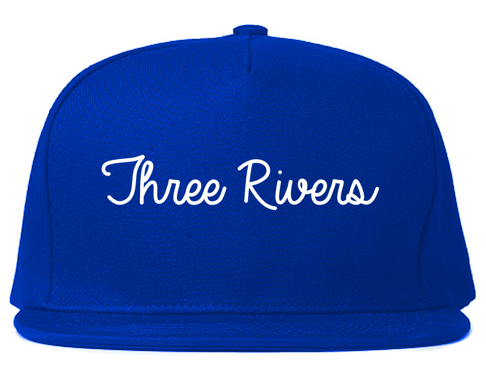 Three Rivers Michigan MI Script Mens Snapback Hat Royal Blue