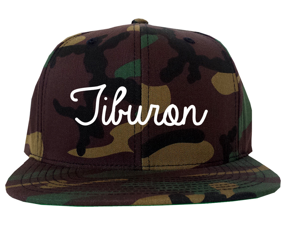 Tiburon California CA Script Mens Snapback Hat Army Camo