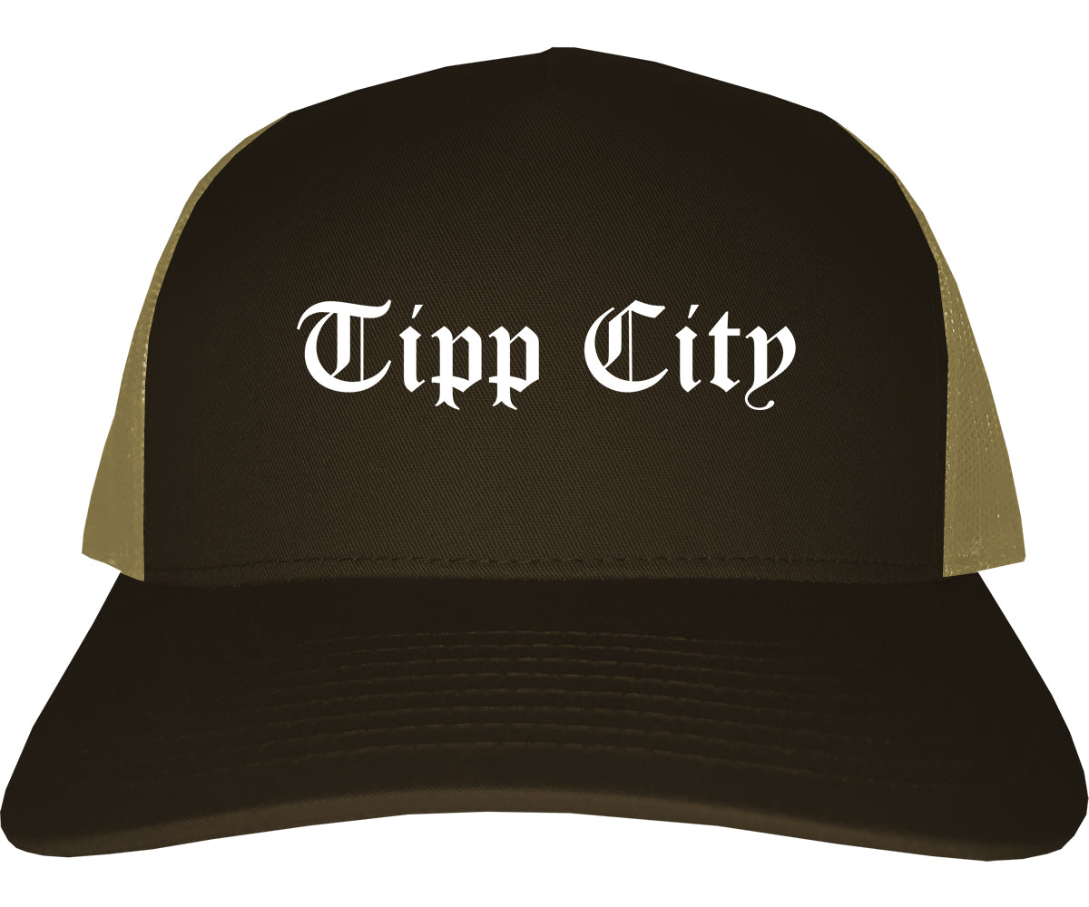 Tipp City Ohio OH Old English Mens Trucker Hat Cap Brown