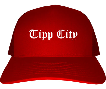 Tipp City Ohio OH Old English Mens Trucker Hat Cap Red
