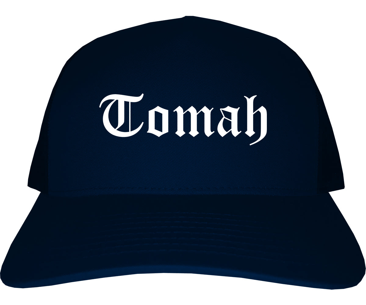 Tomah Wisconsin WI Old English Mens Trucker Hat Cap Navy Blue