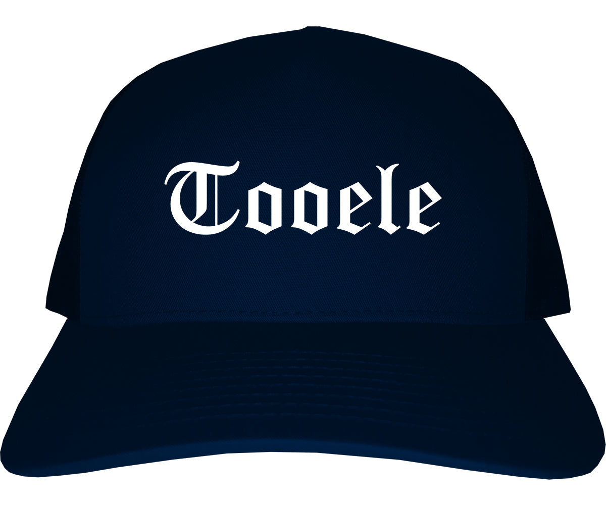 Tooele Utah UT Old English Mens Trucker Hat Cap Navy Blue