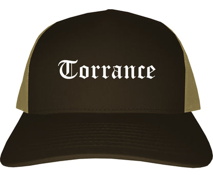 Torrance California CA Old English Mens Trucker Hat Cap Brown