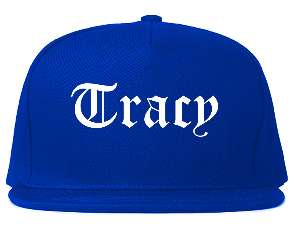 Tracy California CA Old English Mens Snapback Hat Royal Blue
