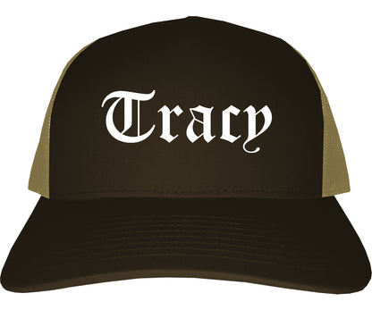 Tracy California CA Old English Mens Trucker Hat Cap Brown