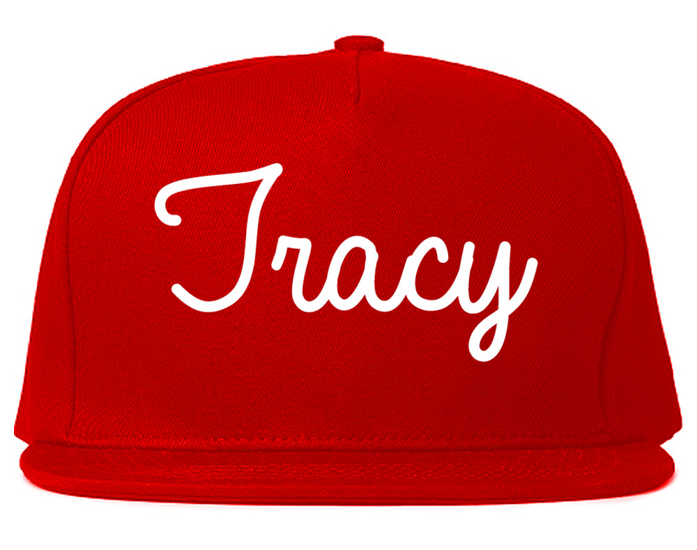 Tracy California CA Script Mens Snapback Hat Red