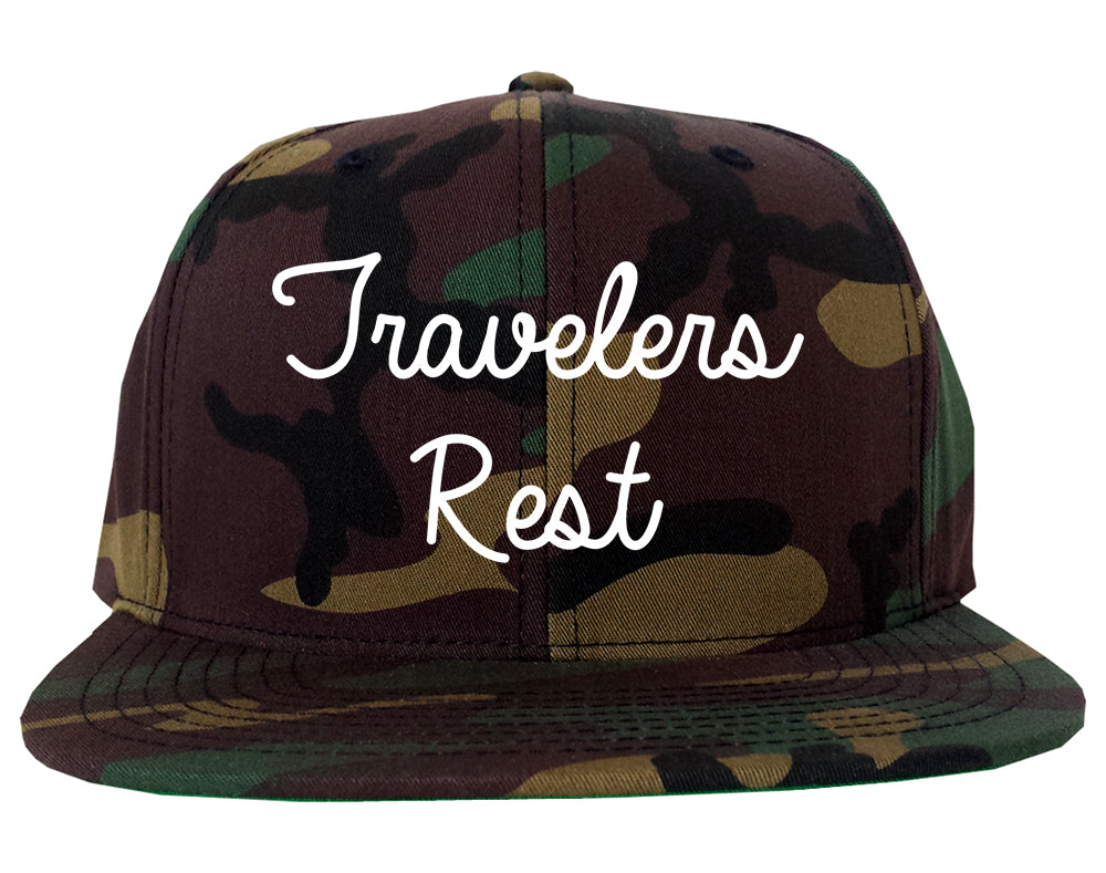 Travelers Rest South Carolina SC Script Mens Snapback Hat Army Camo