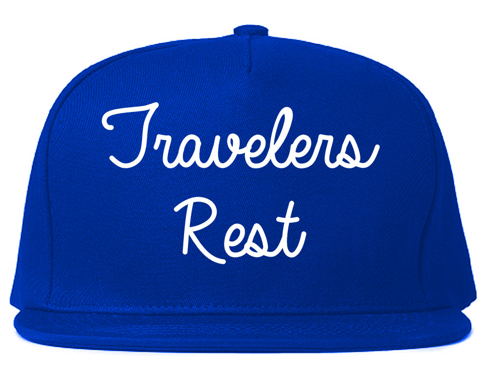 Travelers Rest South Carolina SC Script Mens Snapback Hat Royal Blue