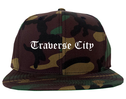 Traverse City Michigan MI Old English Mens Snapback Hat Army Camo