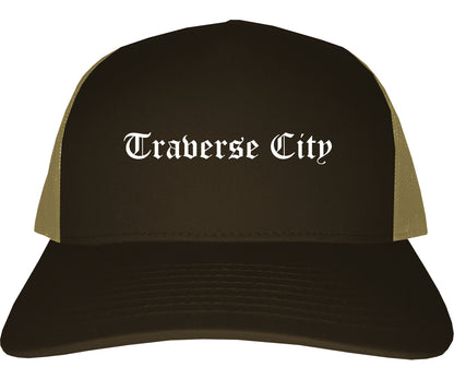 Traverse City Michigan MI Old English Mens Trucker Hat Cap Brown