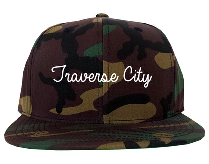 Traverse City Michigan MI Script Mens Snapback Hat Army Camo