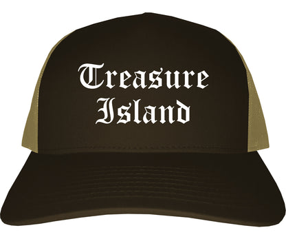 Treasure Island Florida FL Old English Mens Trucker Hat Cap Brown