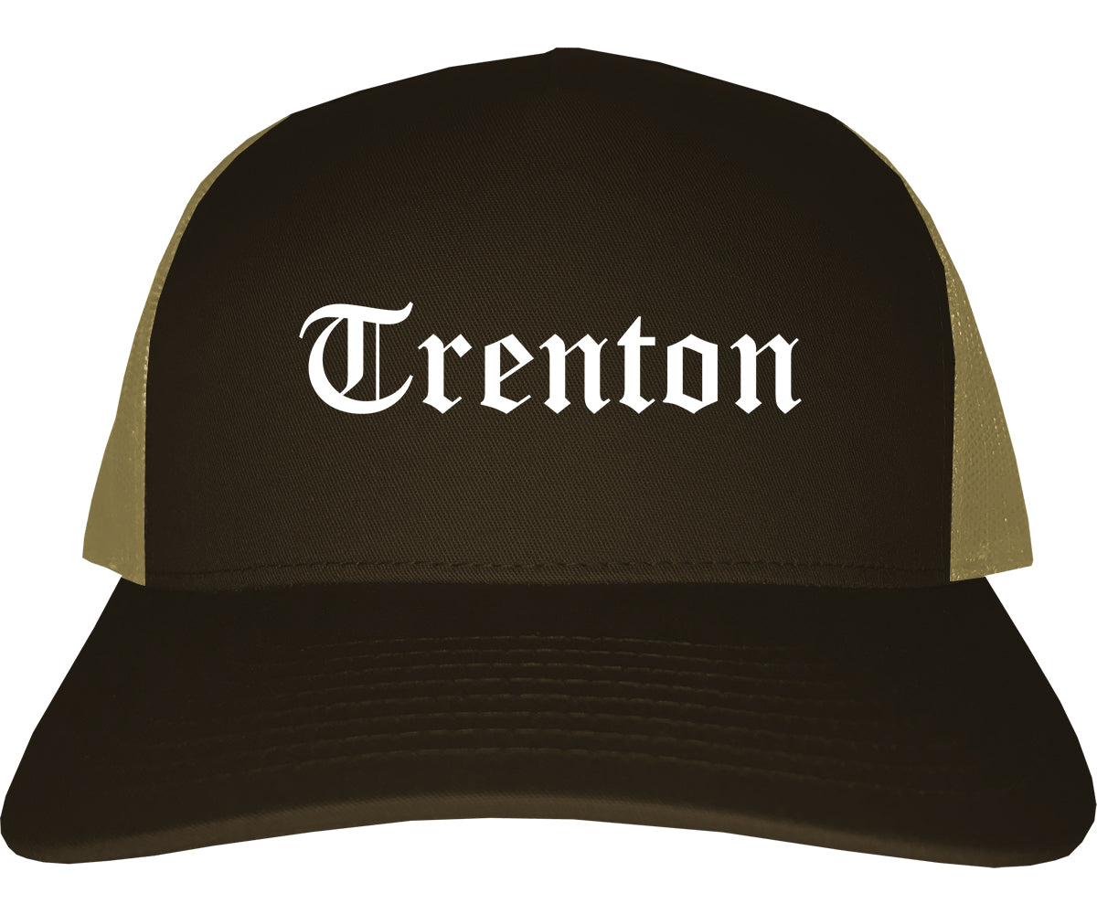 Trenton Michigan MI Old English Mens Trucker Hat Cap Brown