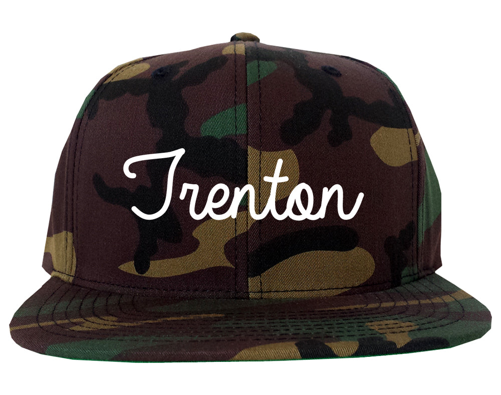 Trenton Michigan MI Script Mens Snapback Hat Army Camo