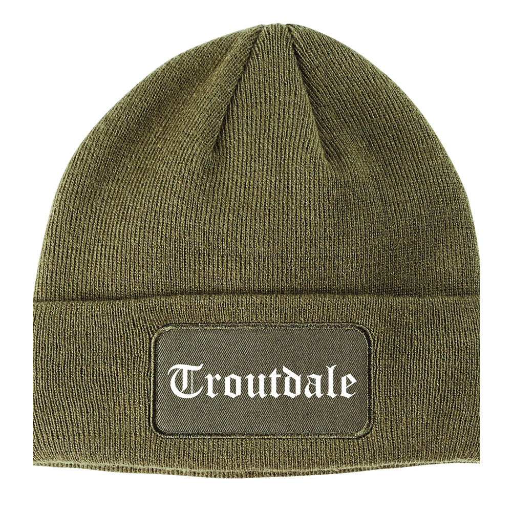 Troutdale Oregon OR Old English Mens Knit Beanie Hat Cap Olive Green