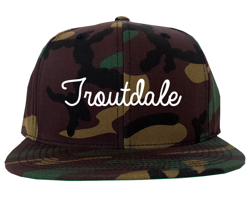 Troutdale Oregon OR Script Mens Snapback Hat Army Camo