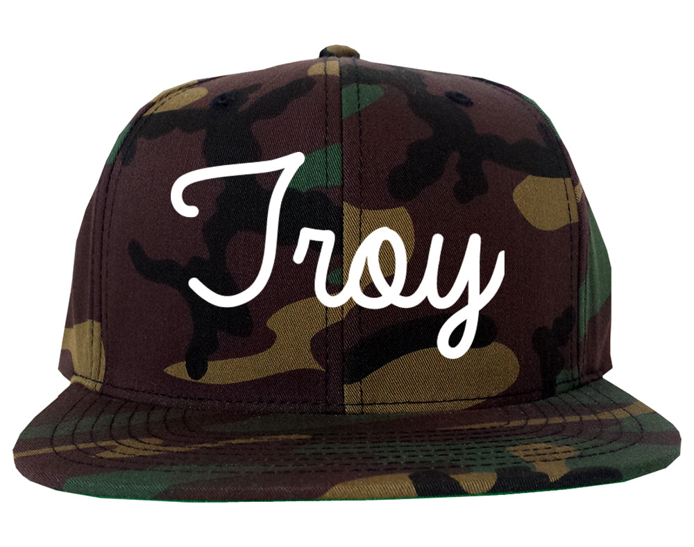 Troy Michigan MI Script Mens Snapback Hat Army Camo
