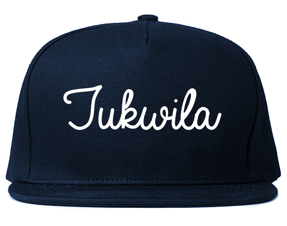 Tukwila Washington WA Script Mens Snapback Hat Navy Blue