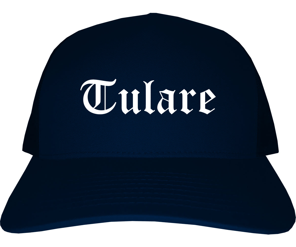 Tulare California CA Old English Mens Trucker Hat Cap Navy Blue