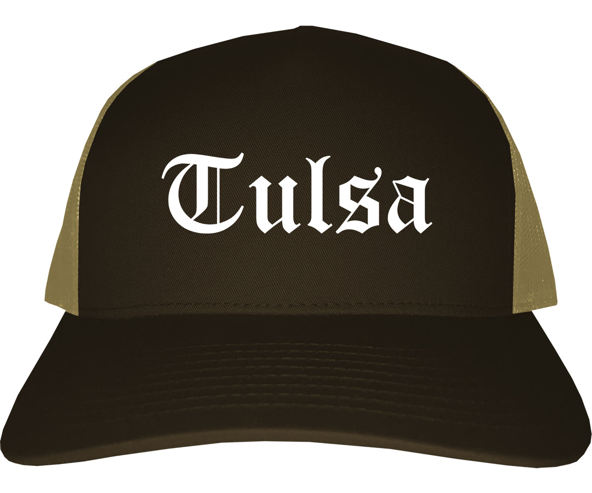 Tulsa Oklahoma OK Old English Mens Trucker Hat Cap Brown