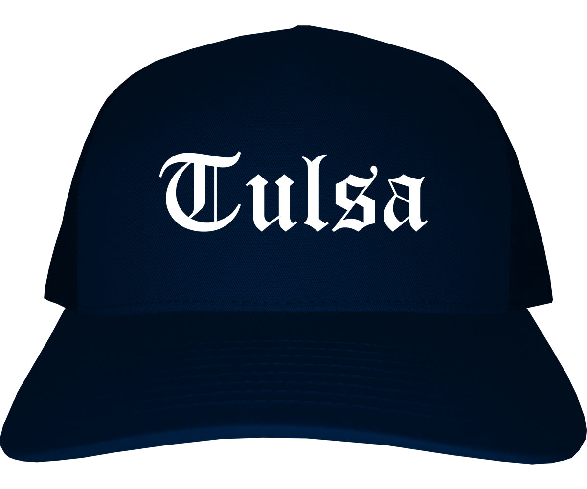 Tulsa Oklahoma OK Old English Mens Trucker Hat Cap Navy Blue