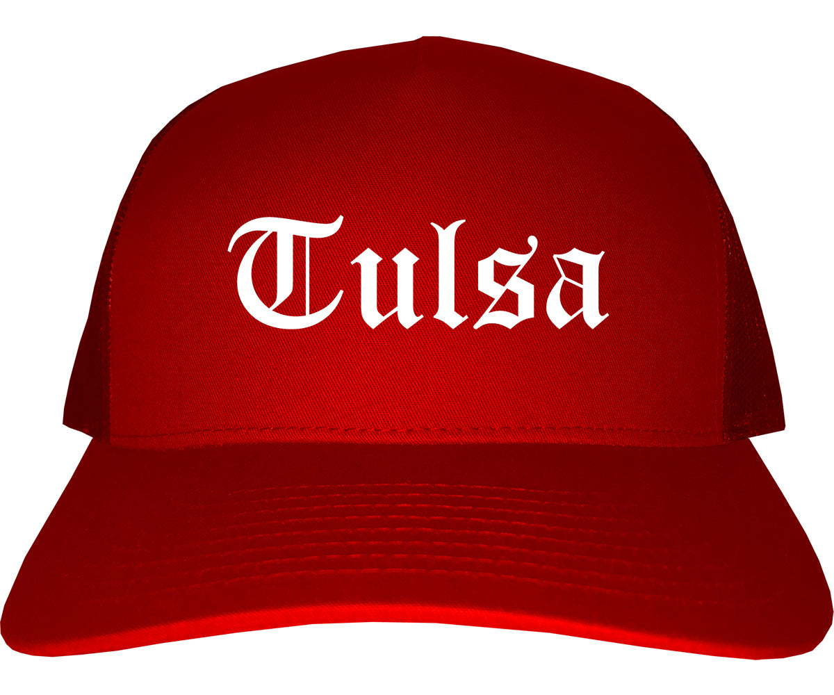 Tulsa Oklahoma OK Old English Mens Trucker Hat Cap Red