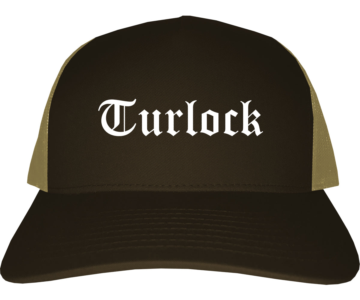 Turlock California CA Old English Mens Trucker Hat Cap Brown