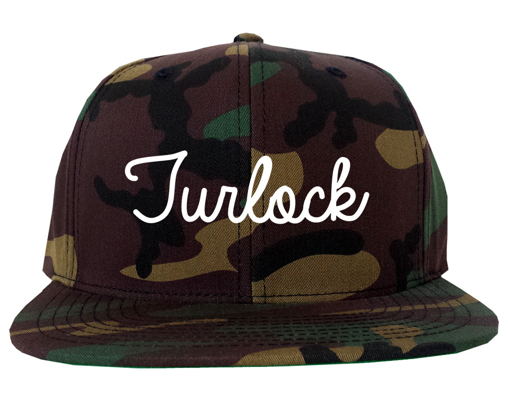 Turlock California CA Script Mens Snapback Hat Army Camo