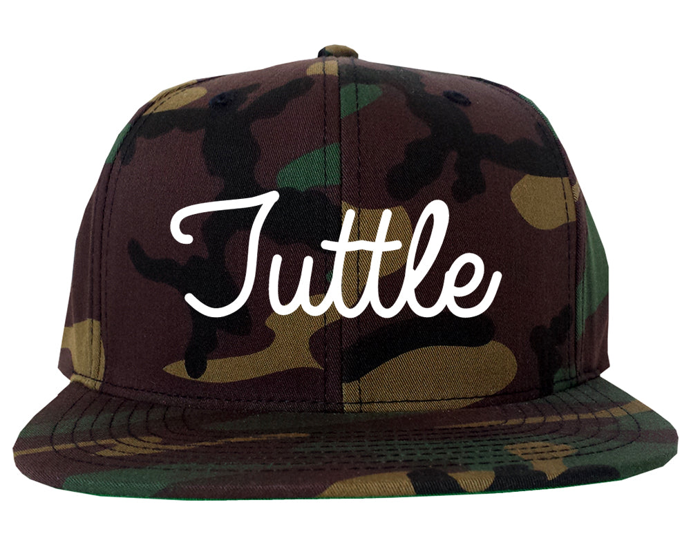 Tuttle Oklahoma OK Script Mens Snapback Hat Army Camo