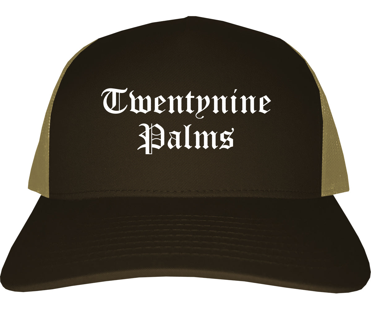 Twentynine Palms California CA Old English Mens Trucker Hat Cap Brown