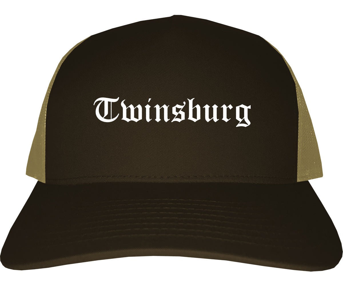 Twinsburg Ohio OH Old English Mens Trucker Hat Cap Brown
