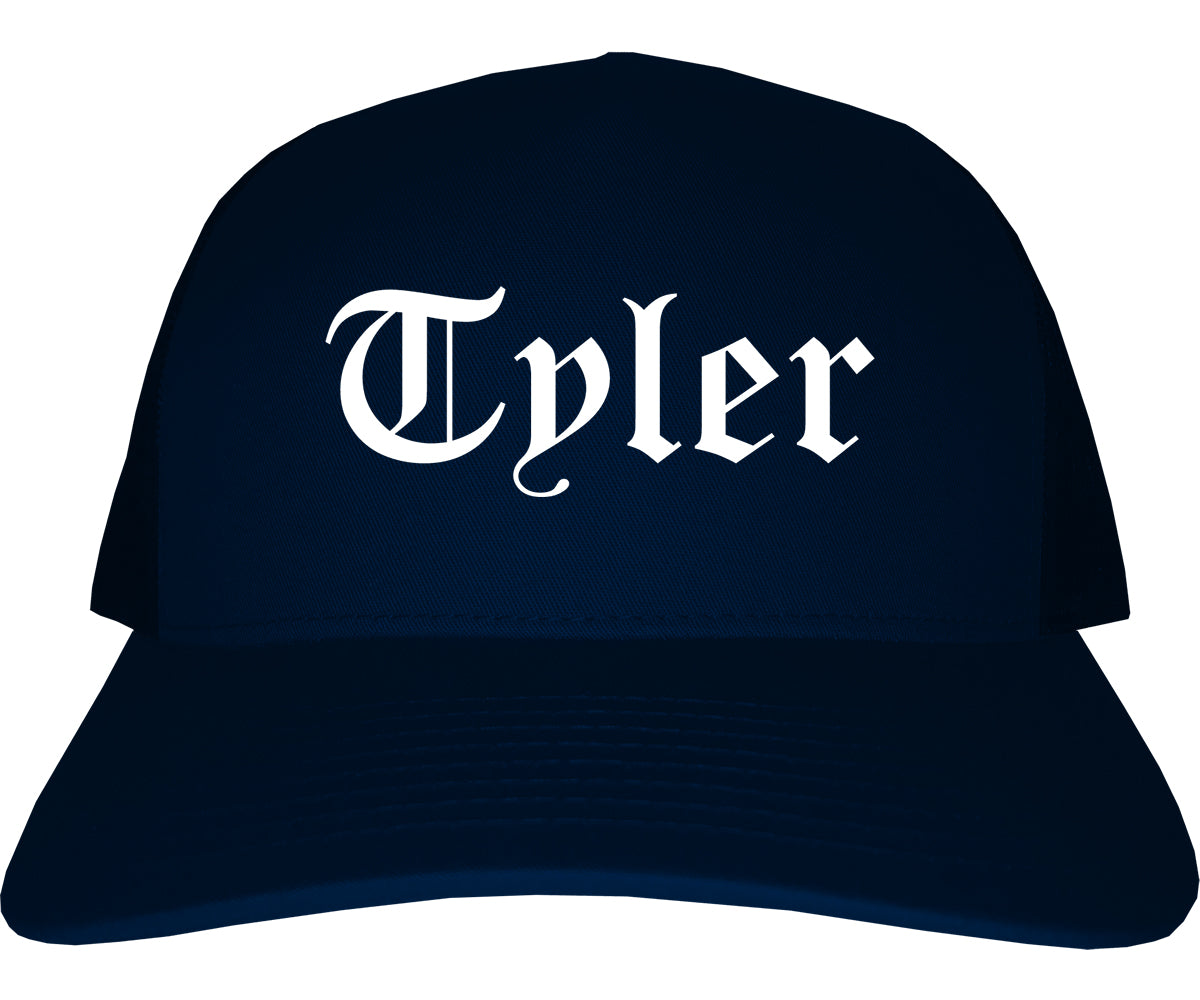 Tyler Texas TX Old English Mens Trucker Hat Cap Navy Blue