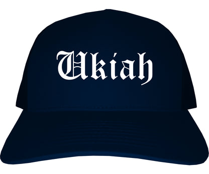 Ukiah California CA Old English Mens Trucker Hat Cap Navy Blue